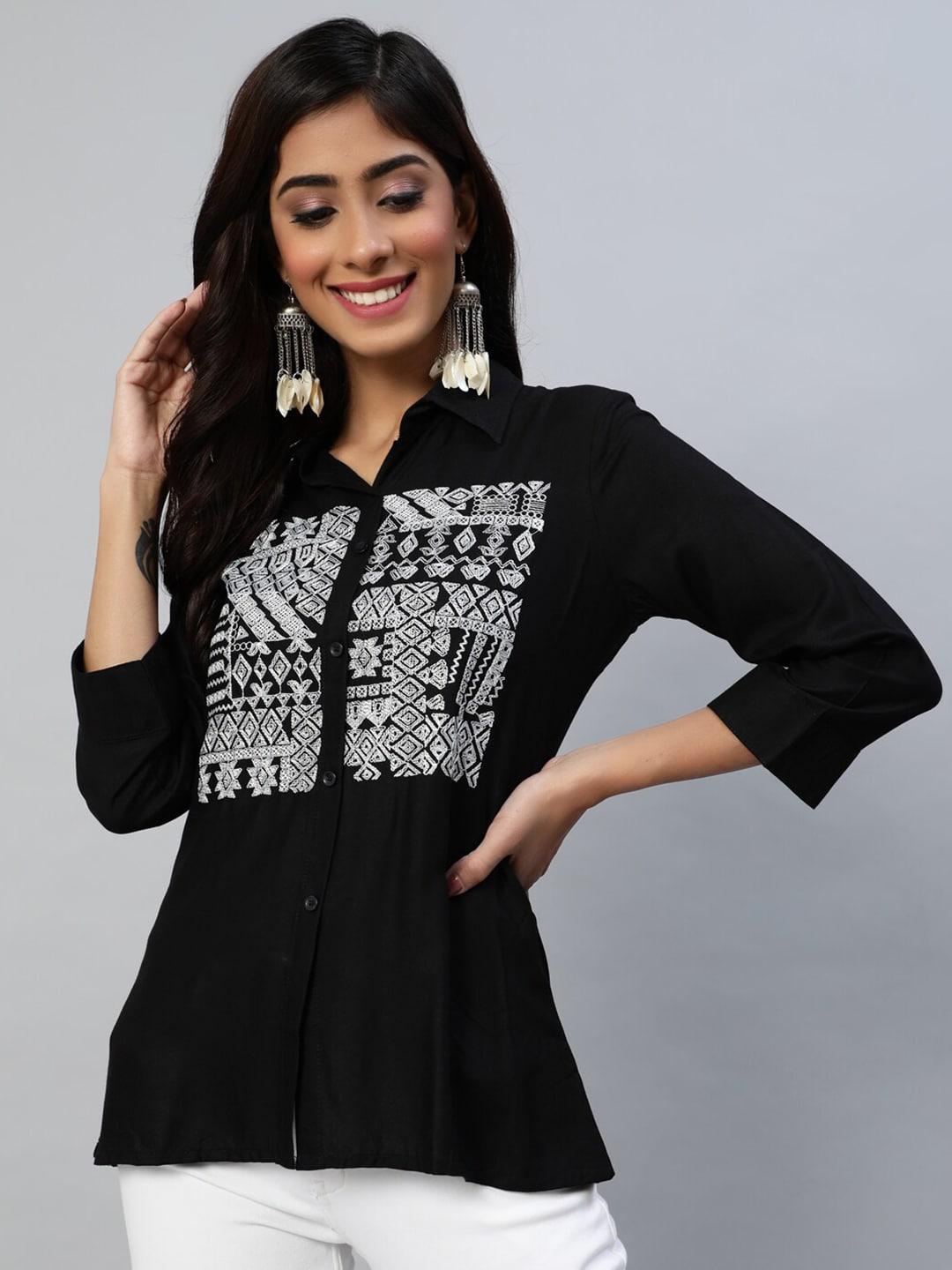 anubhutee-black-&-white-geometric-yoke-embroidered-shirt-collar-kurti