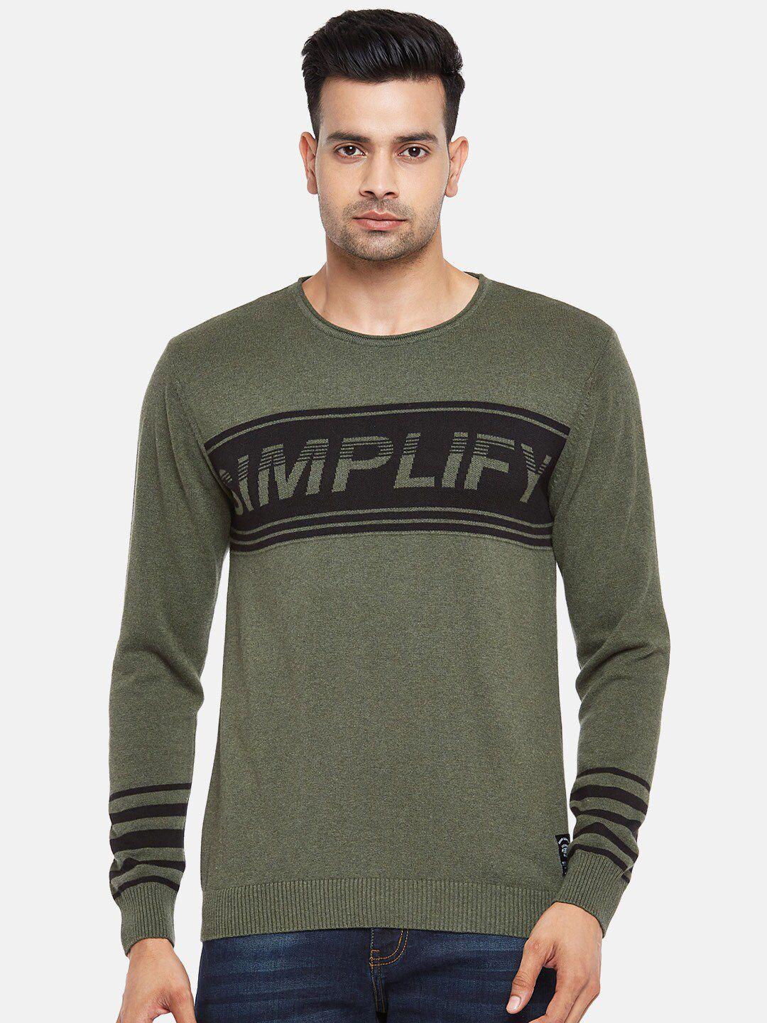 people-men-olive-green-&-black-typography-printed-pure-cotton-pullover
