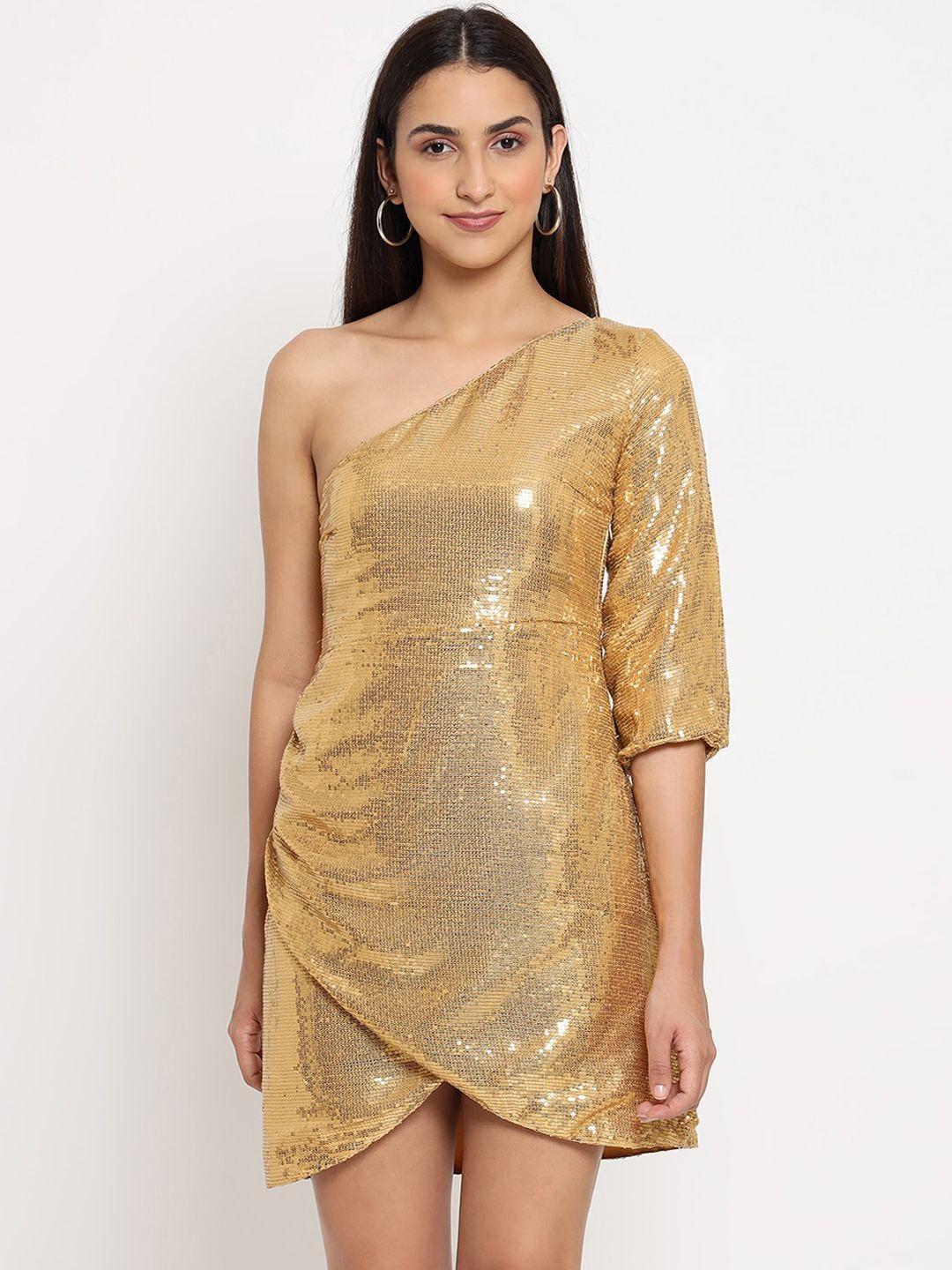 MARC LOUIS Gold-Toned Embellished One Shoulder Georgette Sheath Dress