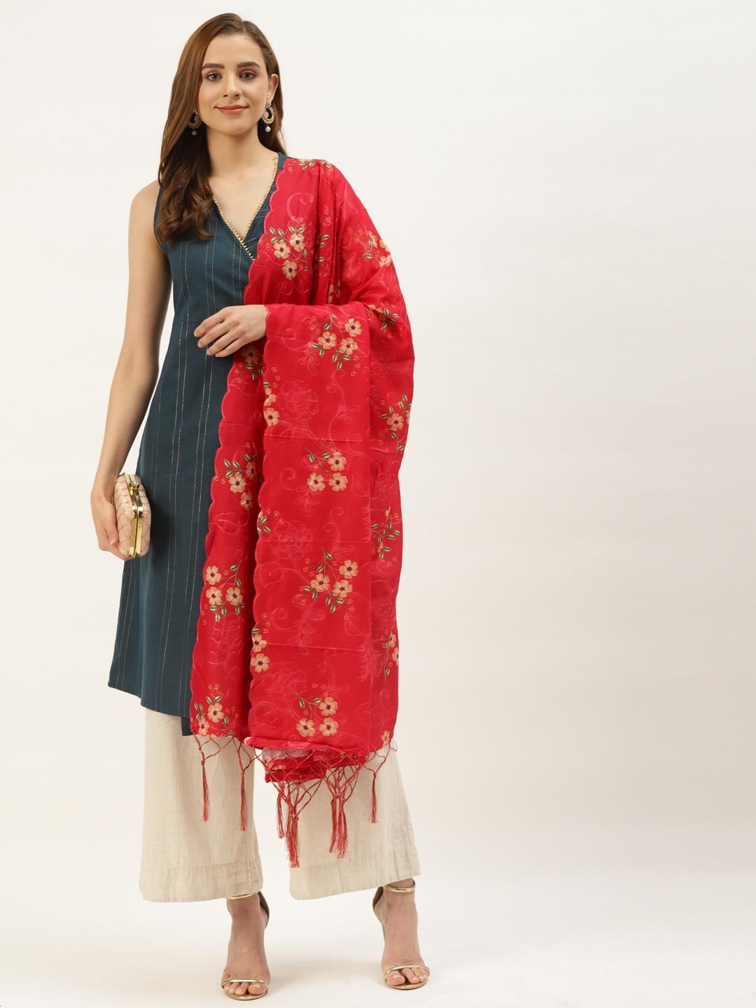 VAABA Red Floral Embroidered Cotton Silk Dupatta