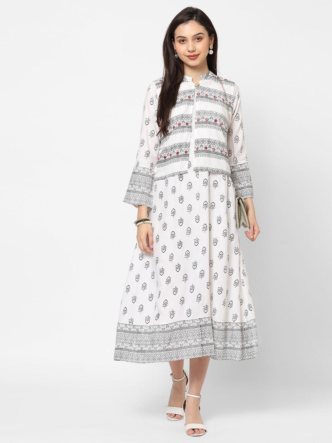 redround-white-&-grey-ethnic-motifs-ethnic-a-line-midi-dress-with-jacket