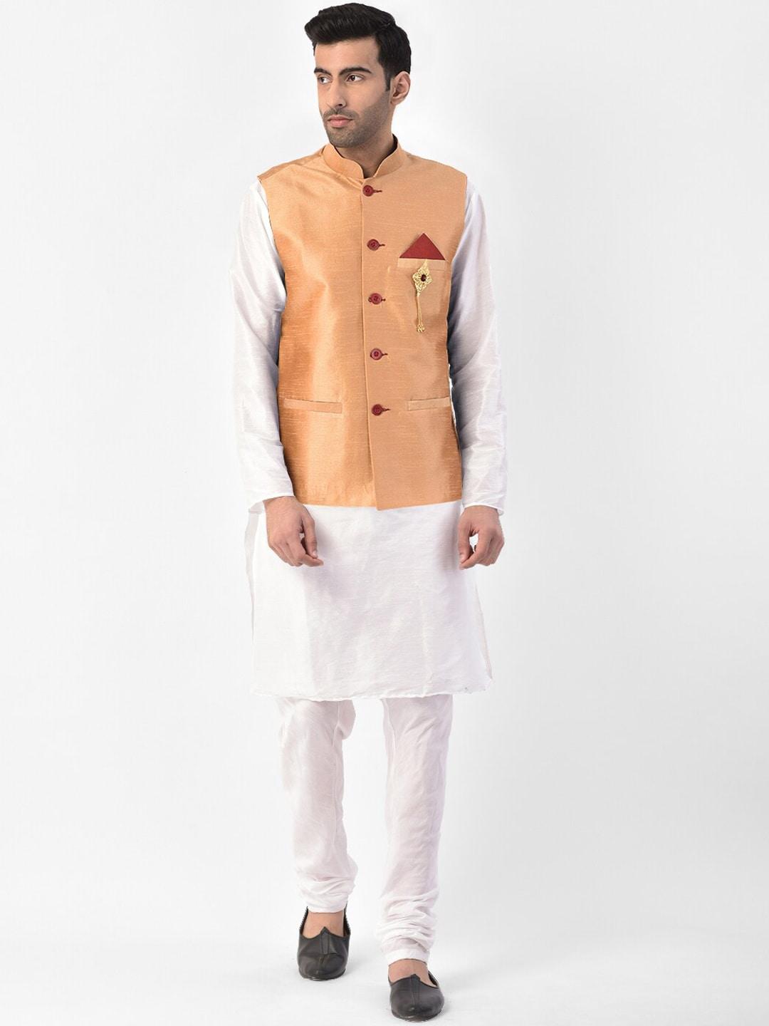 sg-leman-men-gold-toned-&-white-raw-silk-kurta-with-churidar-&-nehru-jacket