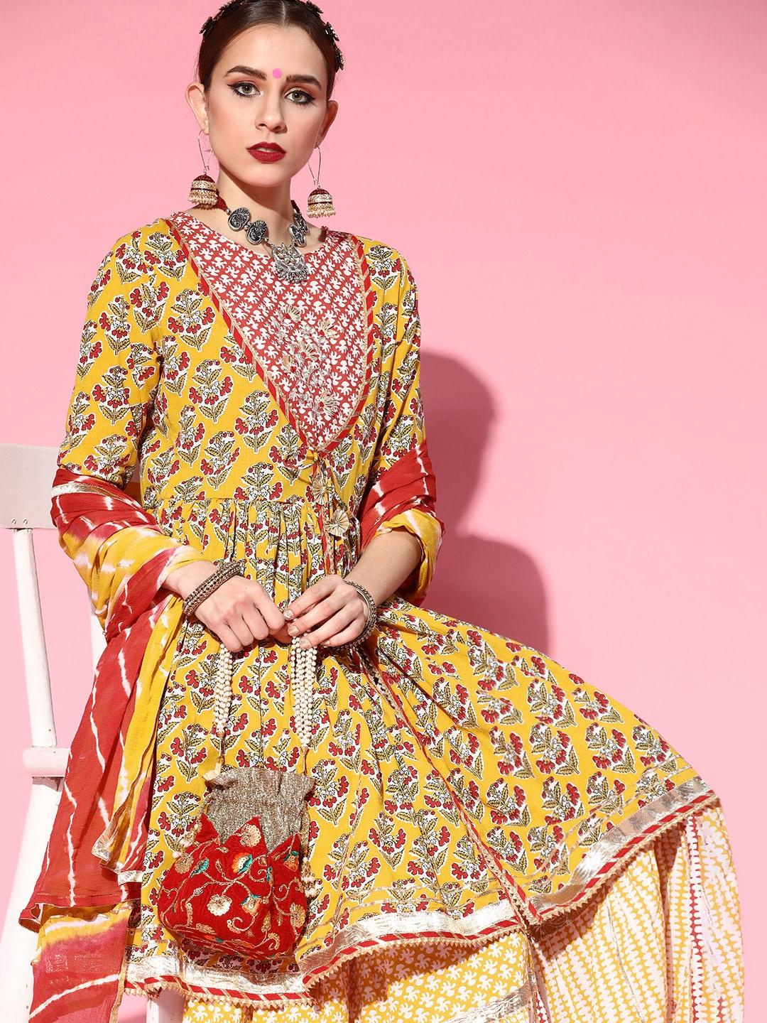 Ishin Women Mustard Yellow Floral Yoke Design Empire Gotta Patti Pure Cotton Kurta with Sharara & With