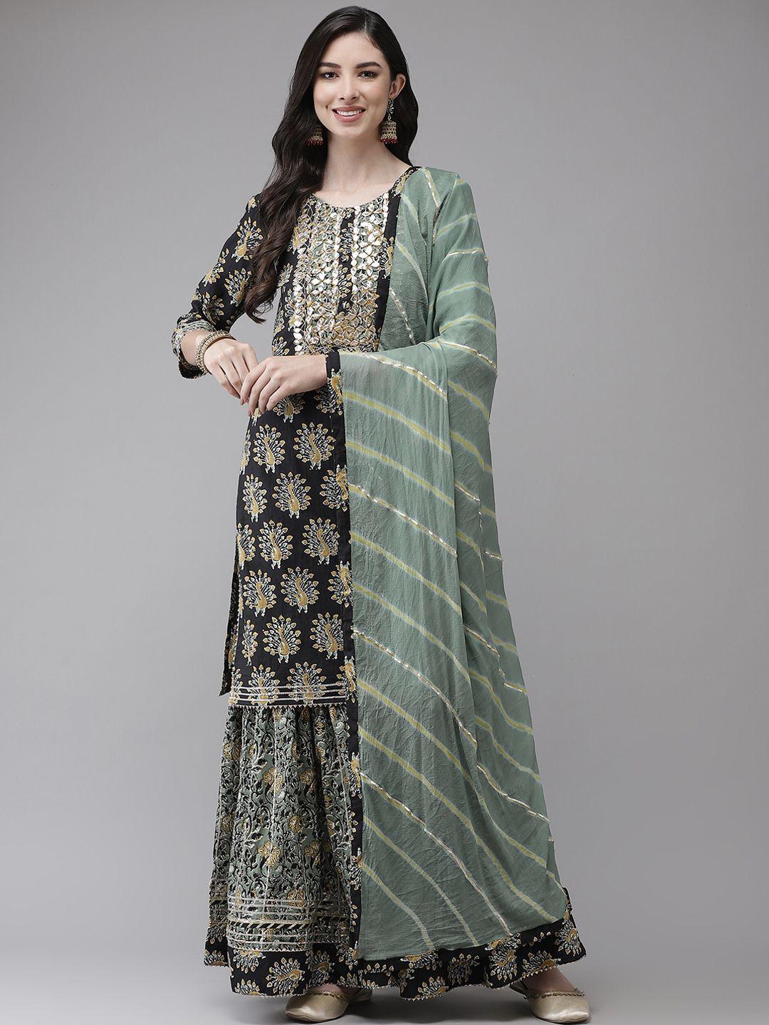 ishin-women-black-floral-embroidered-regular-gotta-patti-pure-cotton-kurta-with-sharara-&-with-dupatta