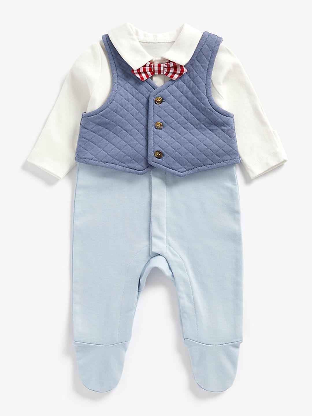 mothercare Infant Boy Blue Colourblocked Pure Cotton Romper with Bow-Tie & Waistcoat