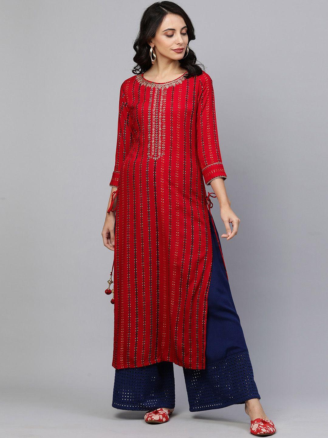 fashor-women-red-&-black-geometric-embroidered-kurta