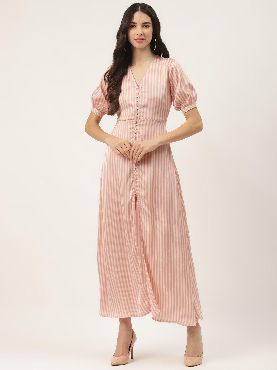 WISSTLER Pink & Beige Striped Satin Shirt Maxi Dress