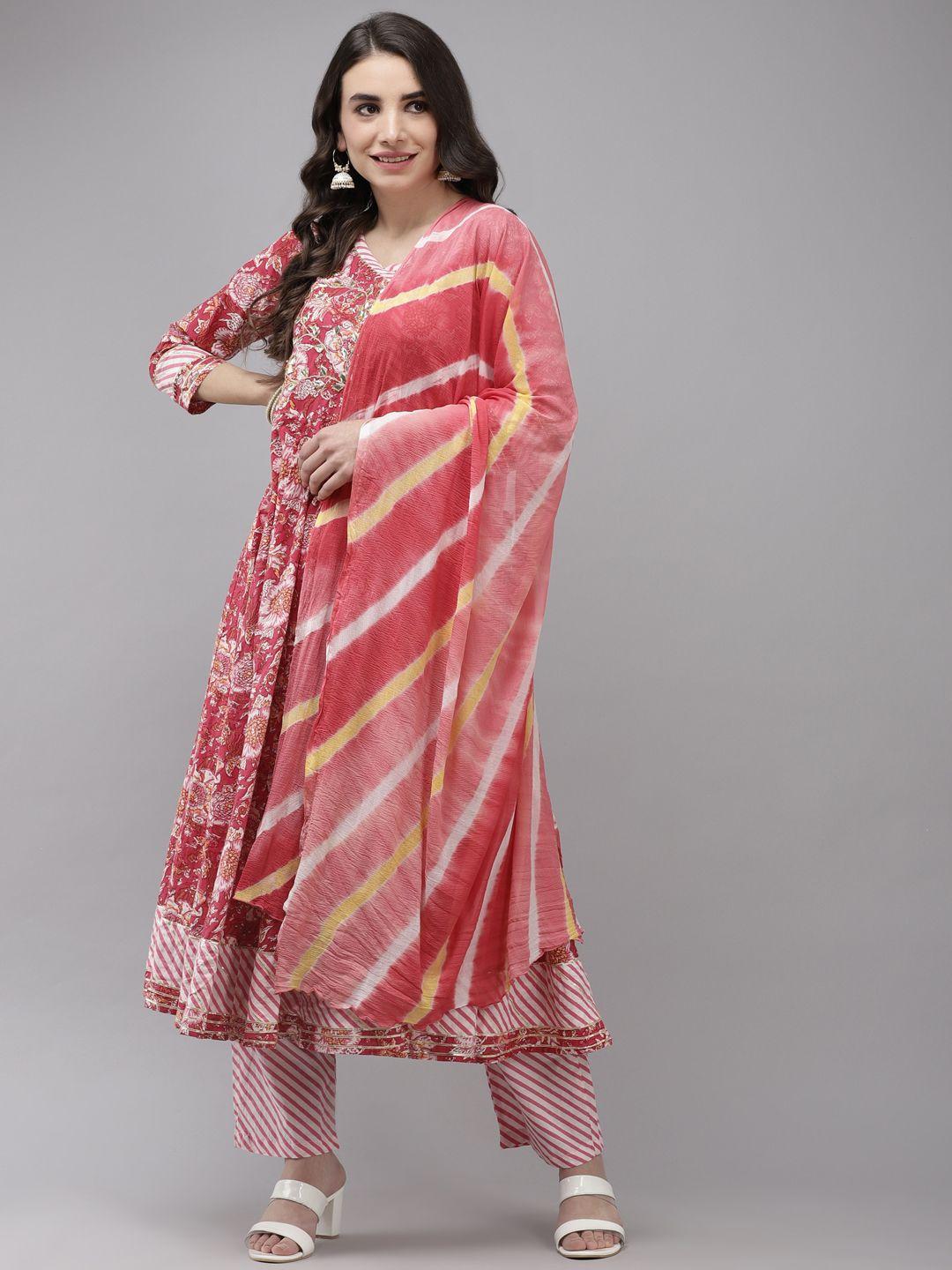 Ishin Women Pink Floral Embroidered Angrakha Gotta Patti Kurta with Trousers & With Dupatta