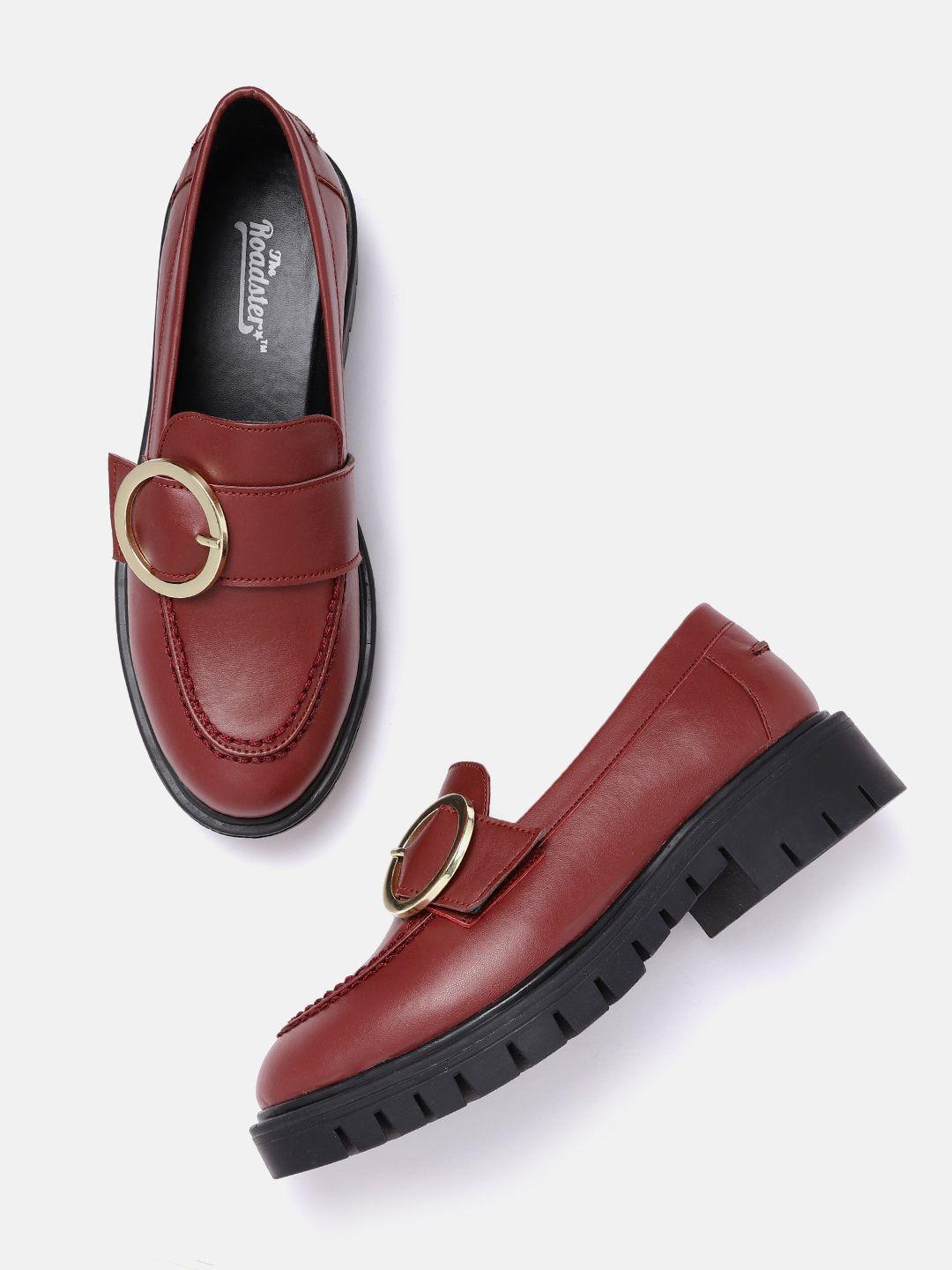Roadster Women Burgundy Solid Platform Loafers with Buckle Detail
