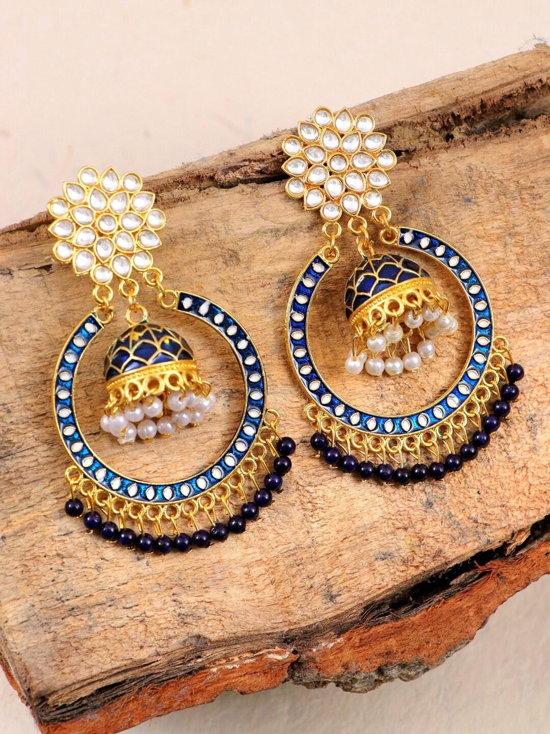 Crunchy Fashion Blue & Gold-Toned Contemporary Chandbalis Earrings