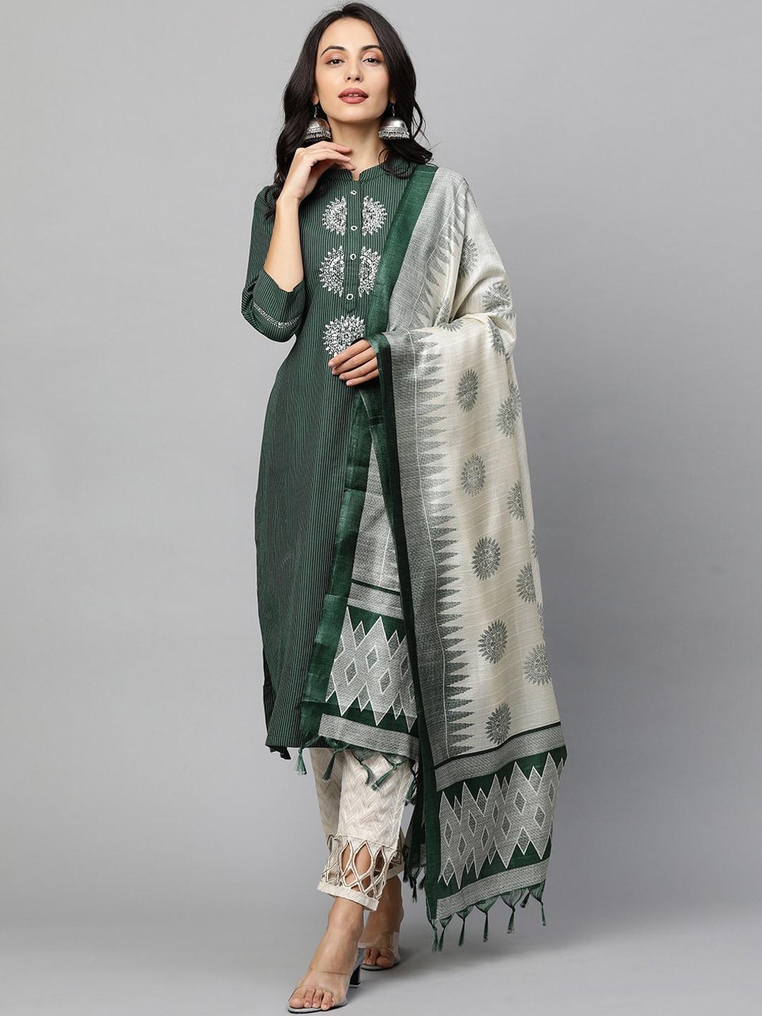 FASHOR Women Green & Off White Embroidered Straight Kurta with Dupatta