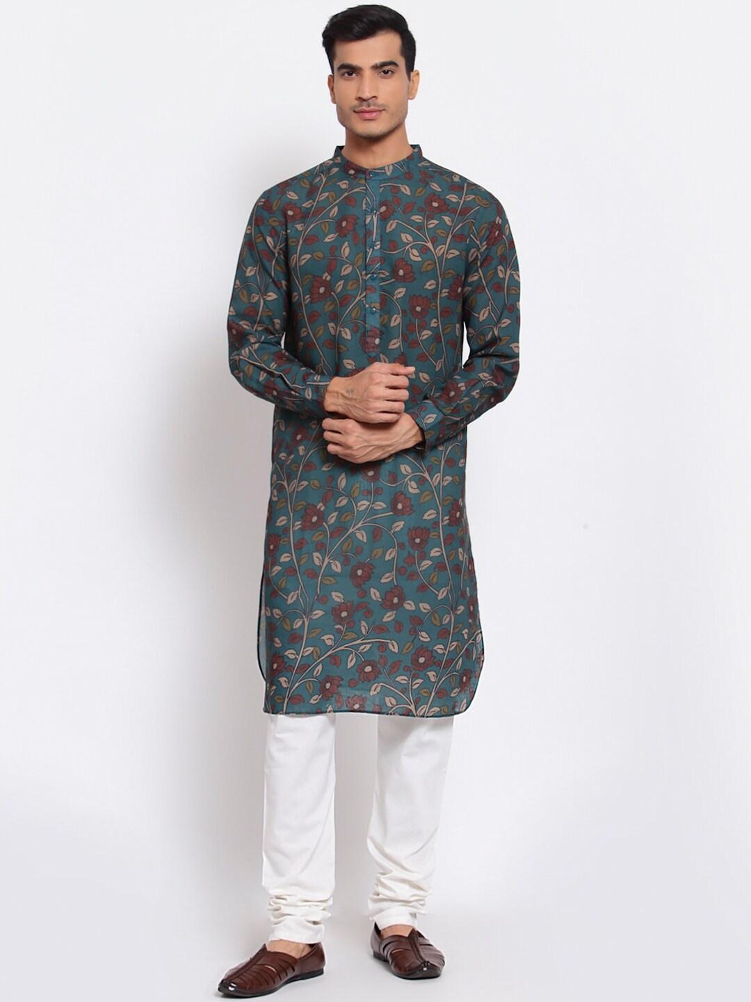 Style Quotient Men Teal & Beige Floral Screen Printed Pathani Kurta