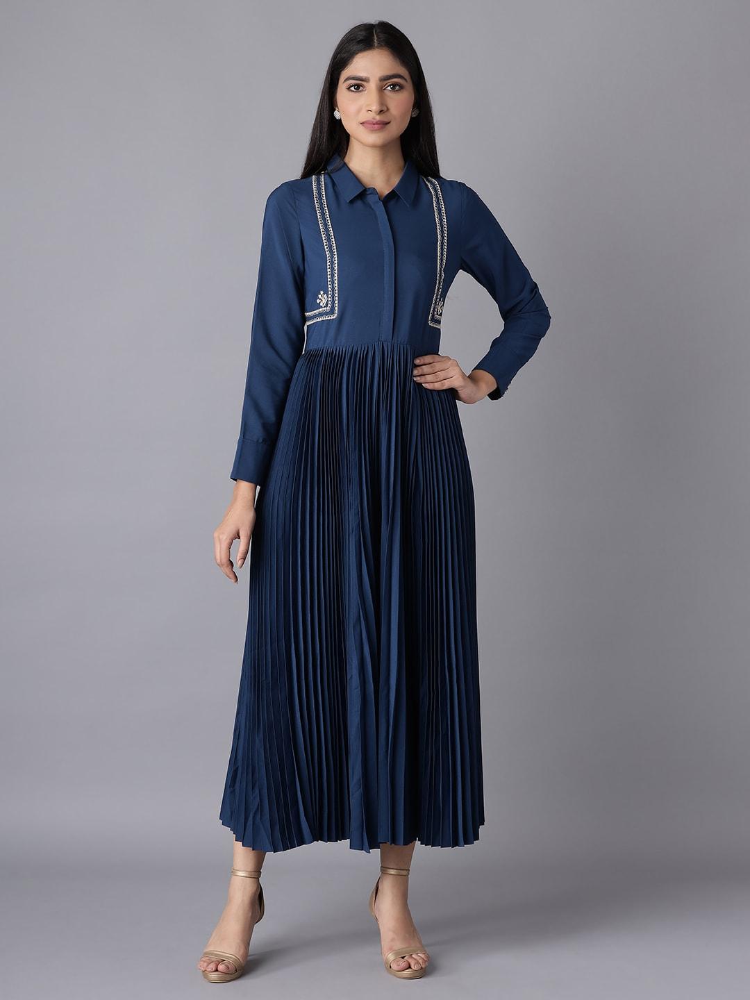 W Blue & White Embroidered Shirt Maxi Dress