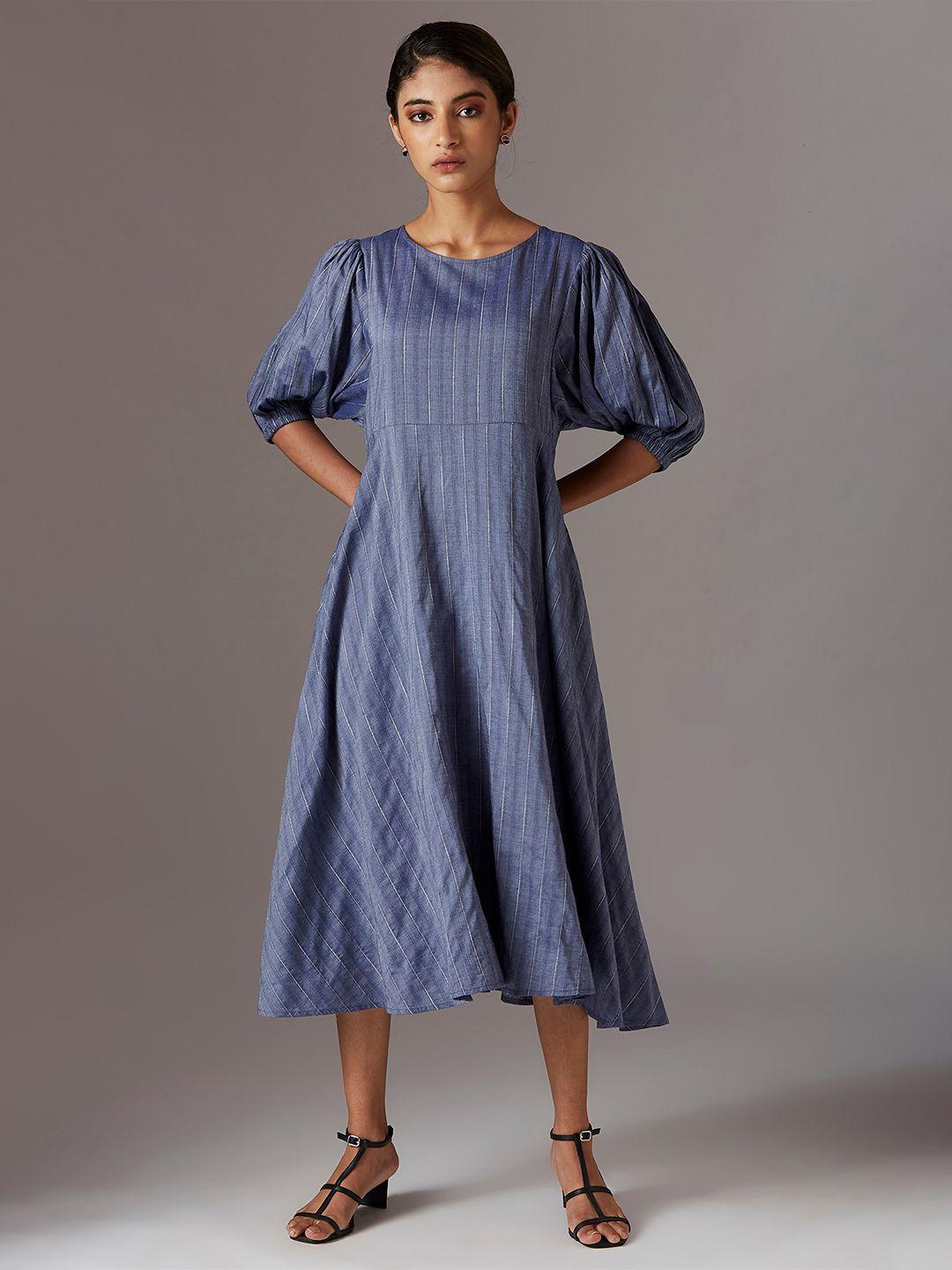 W Blue Striped A-Line Midi Dress
