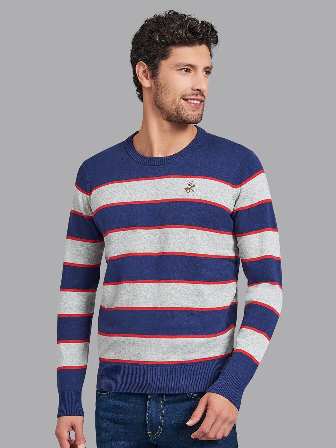Beverly Hills Polo Club Men Navy Blue & Grey Striped Pullover
