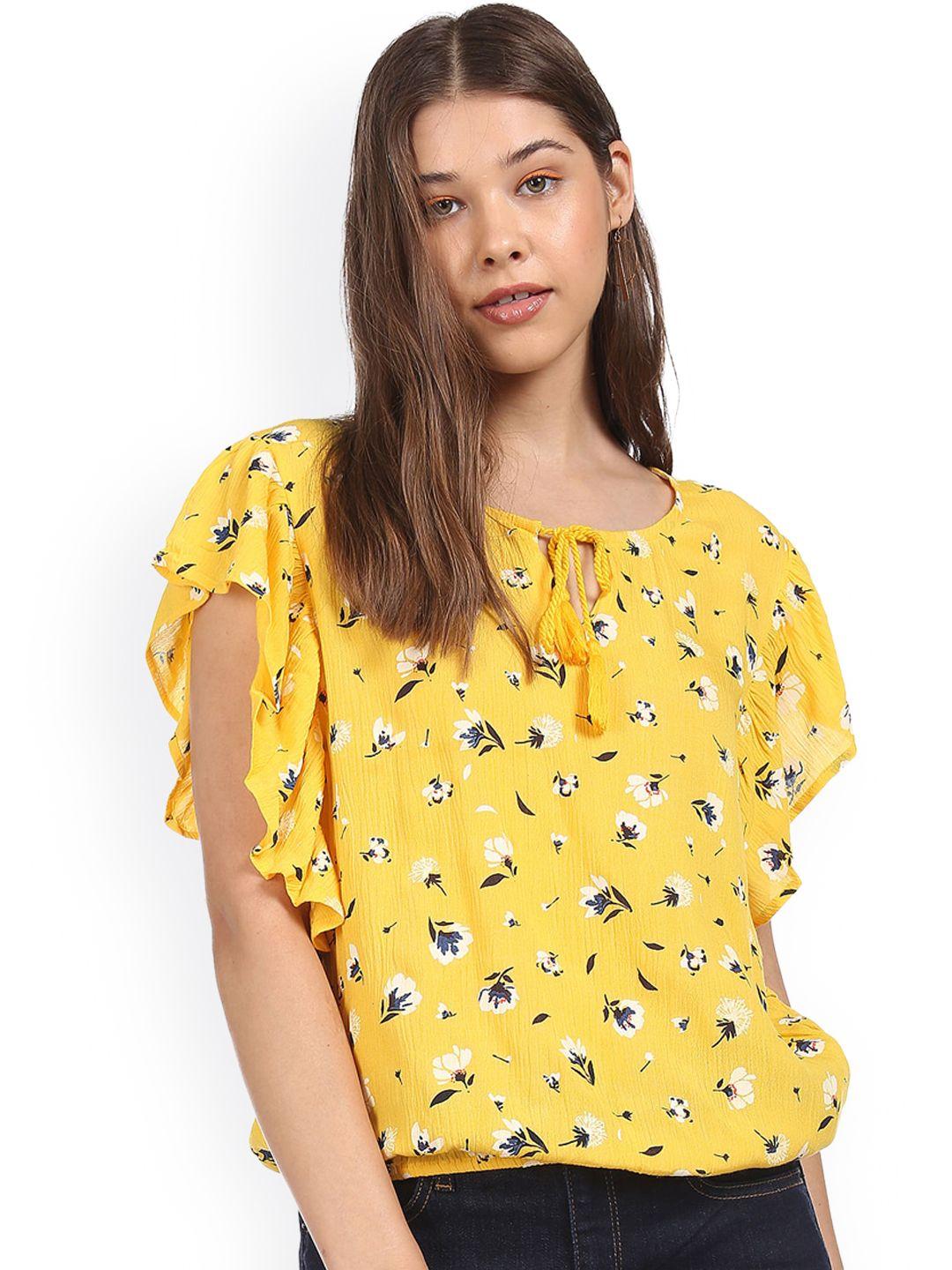 Sugr Yellow Flutter Sleeves Printed Top
