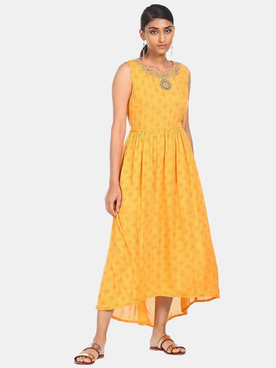 Karigari Yellow Ethnic Motifs Embroidered Midi Dress