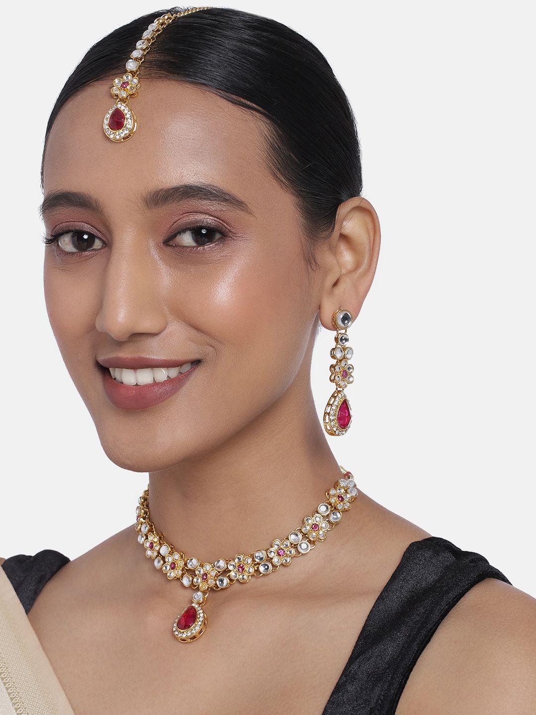 Peora Maroon Gold-Plated Kundan Crystal Jewellery Set