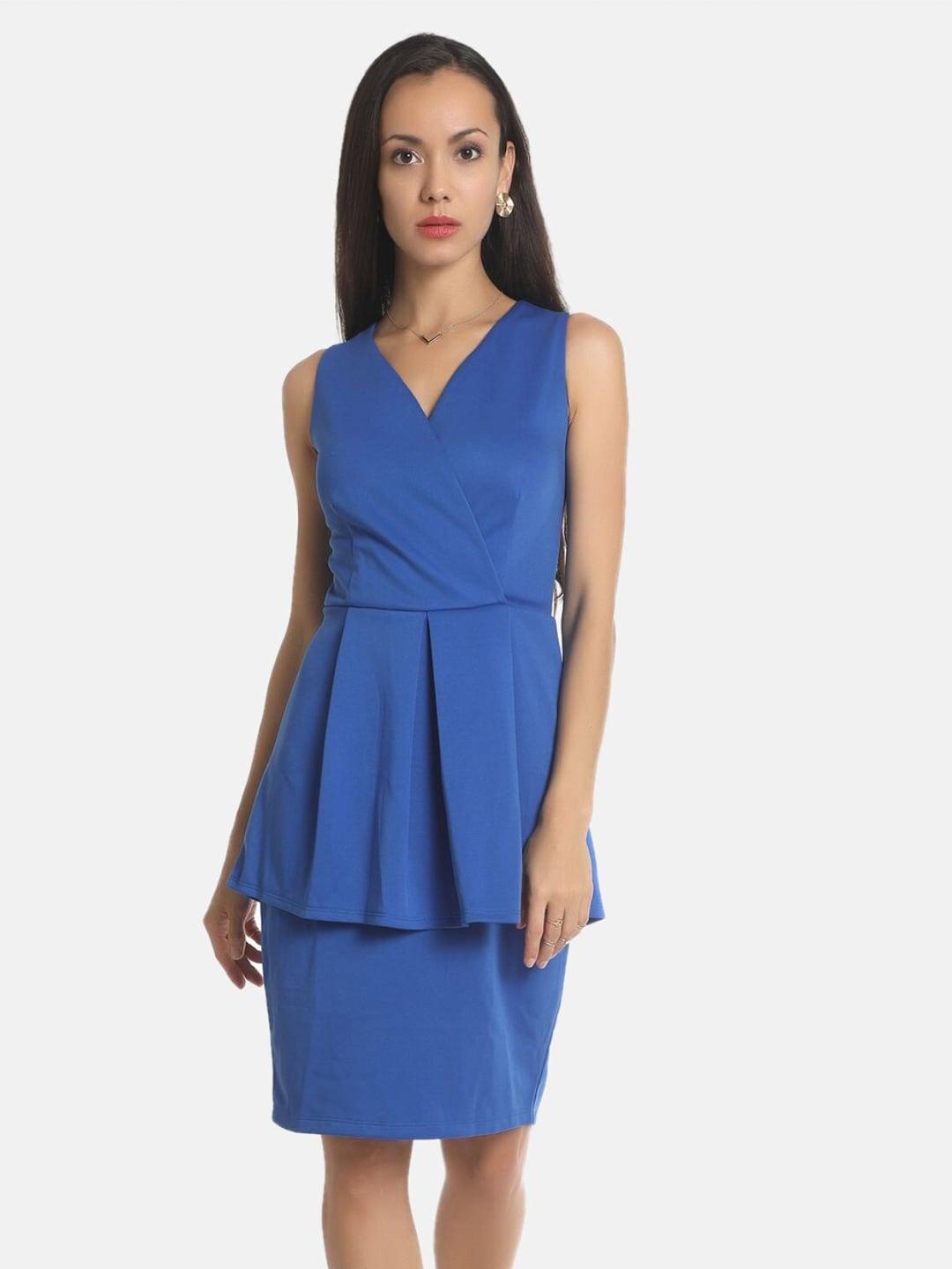 AARA Blue Solid V-neck Peplum Dress