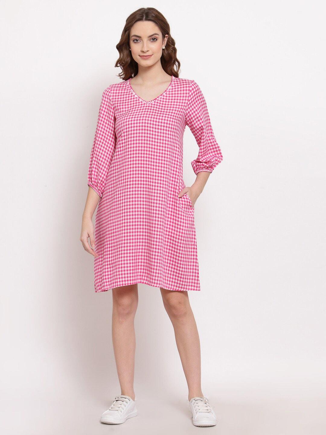 terquois-pink-checked-a-line-dress
