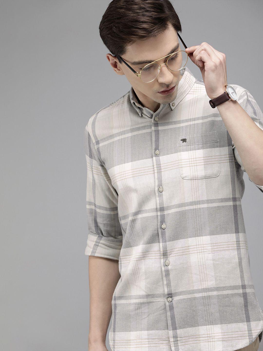 the-bear-house-men-grey-slim-fit-pure-cotton-checked-casual-shirt
