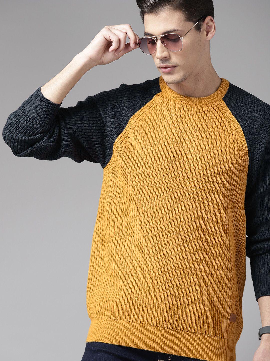 The Roadster Lifestyle Co Men Mustard Striped Raglan Sleeves Pullover