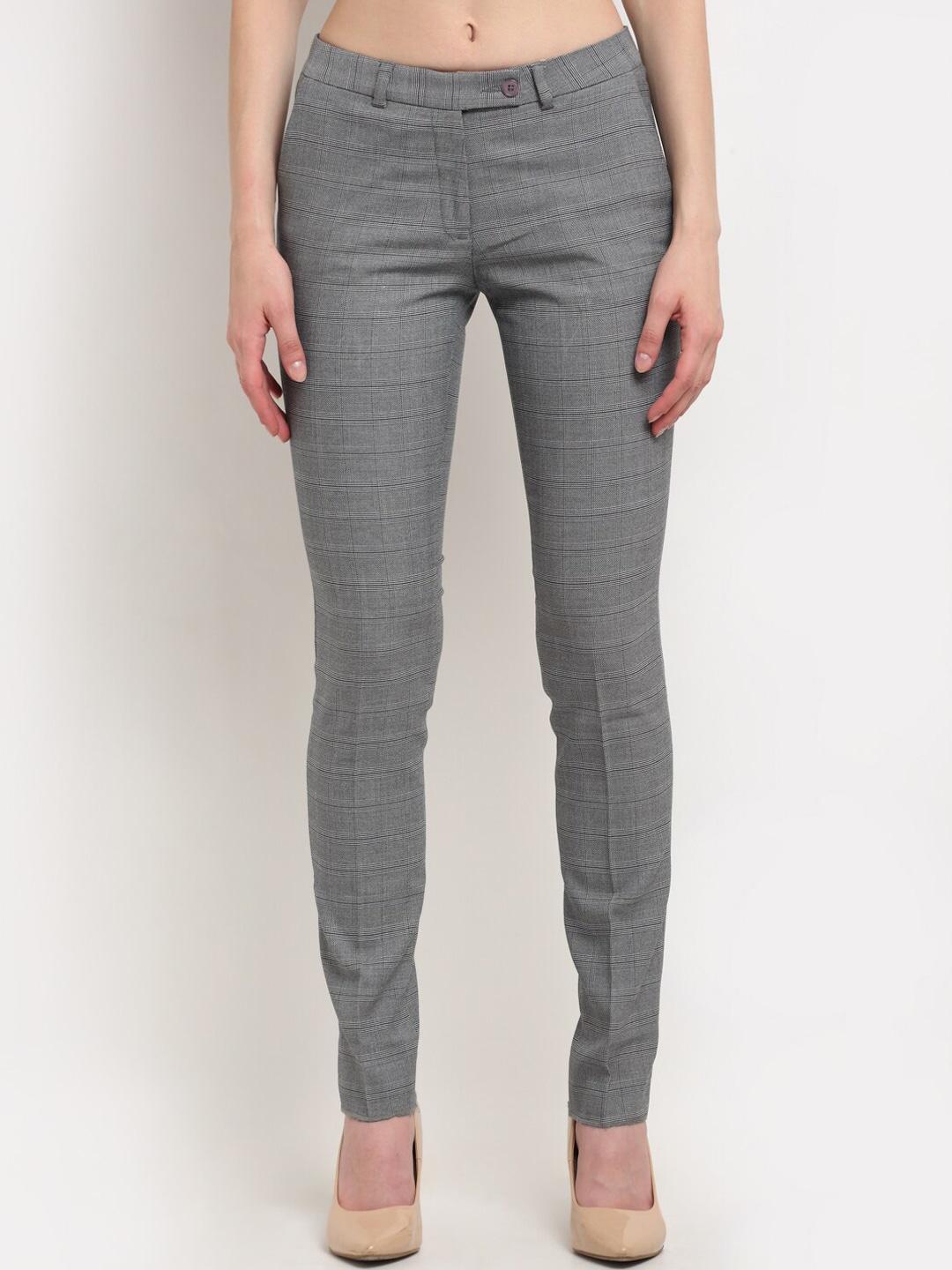 Crozo By Cantabil Women Grey Checked Slim Fit Trousers