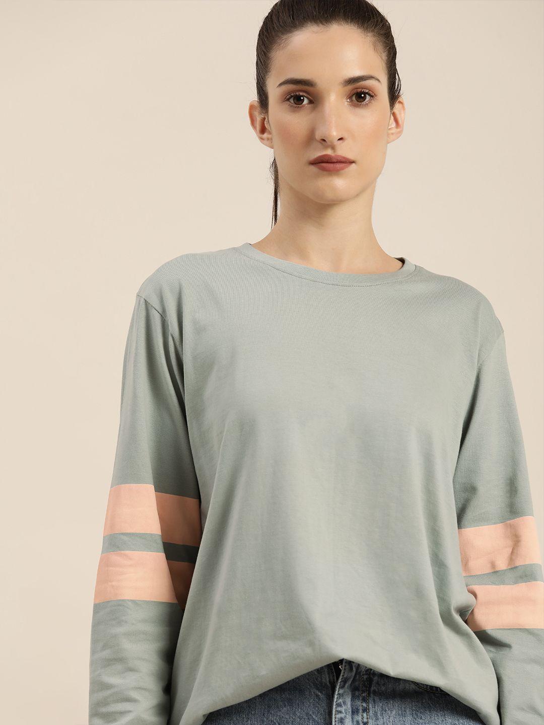 DILLINGER Women Grey Solid Round Neck Drop-Shoulder Sleeves Cotton OversizedT-shirt