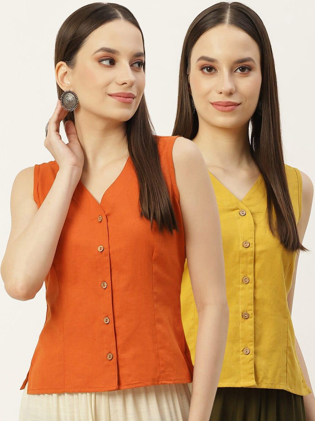 Molcha Women Pack of 2 Solid Non Padded Cotton Long Blouse