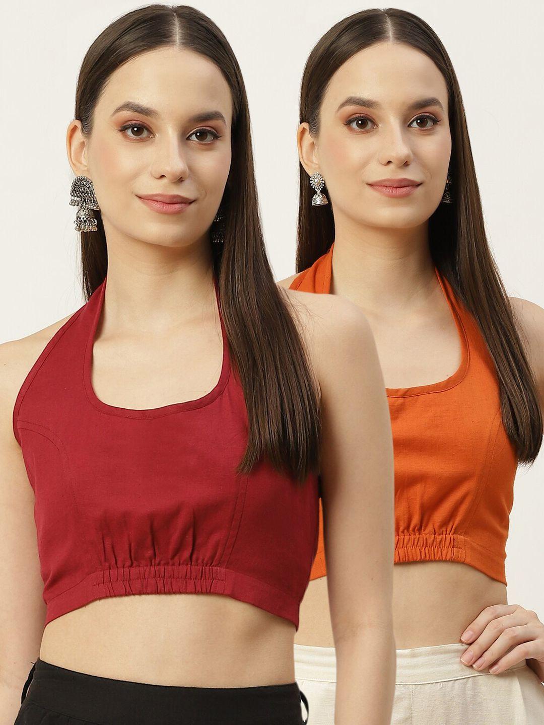 molcha-women-pack-of-2-rust-orange-&-maroon-solid-cotton-saree-blouse