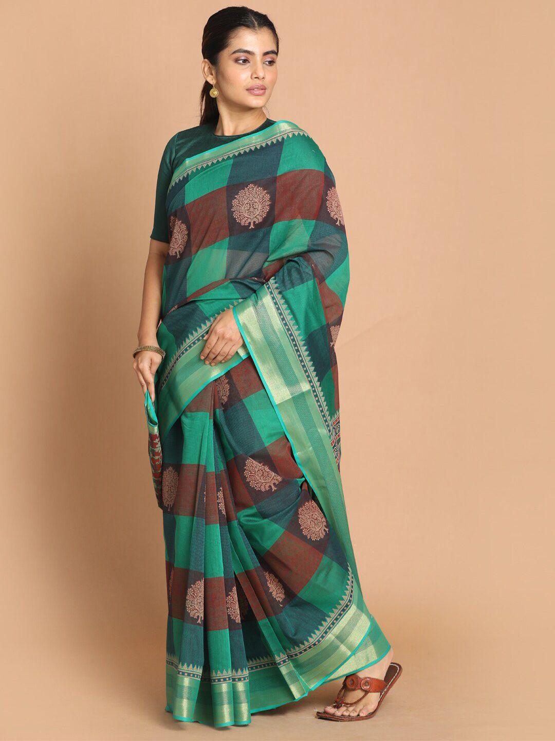 indethnic-green-&-brown-ethnic-motifs-zari-saree