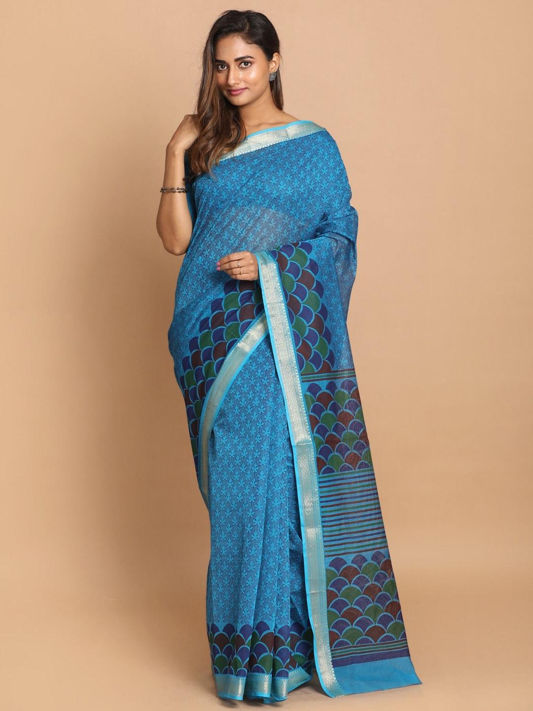indethnic-blue-&-brown-ethnic-motifs-zari-saree