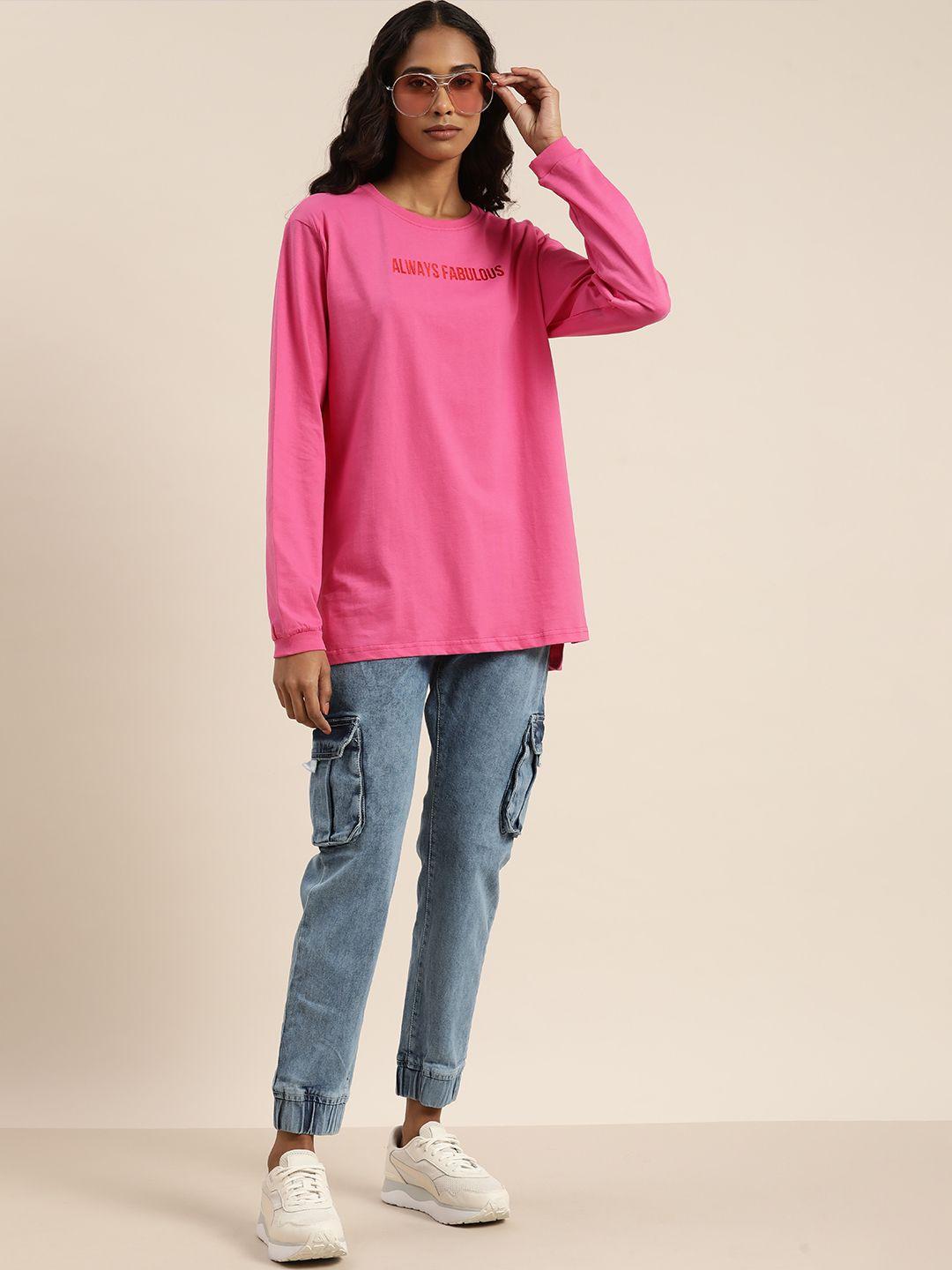 DILLINGER Women Pink Typography Printed Drop-Shoulder Sleeves Cotton Loose T-shirt