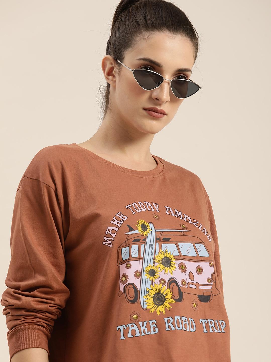 dillinger-women-brown-typography-printed-drop-shoulder-sleeves-cotton-boxy-t-shirt