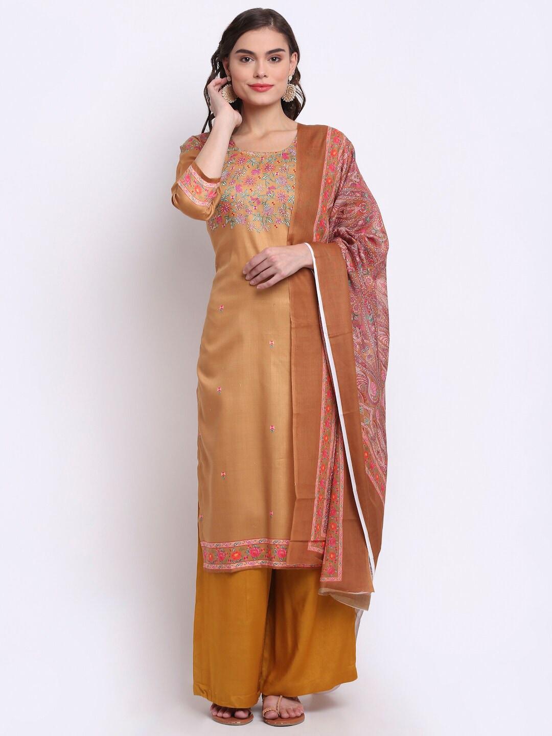 Stylee LIFESTYLE Gold-Coloured & Pink Printed Unstitched Dress Material