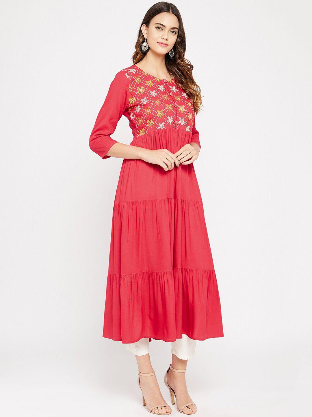 prakhya-women-red-floral-embroidered-tiered-a-line-kurta