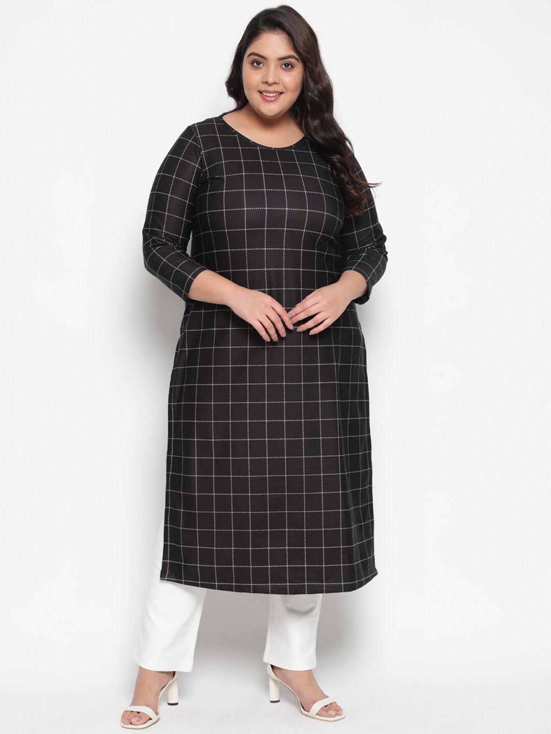 Amydus Women Plus Size Black Plaid Art Woolen Winter Fleece Kurti