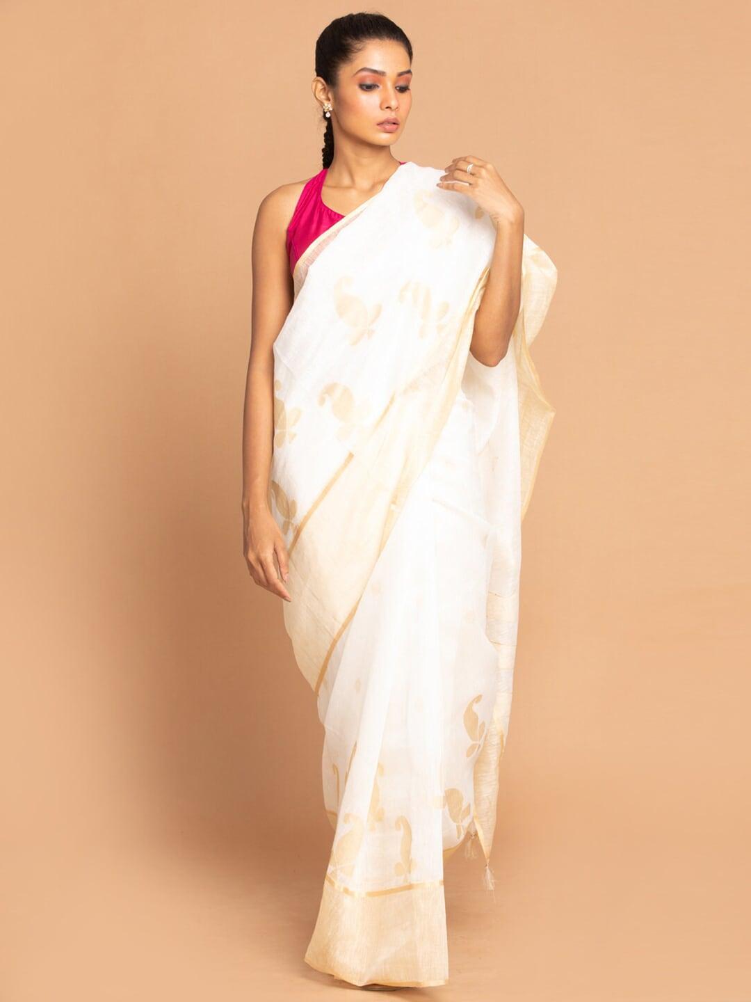 indethnic-gold-toned-&-white-floral-zari-linen-blend-banarasi-saree