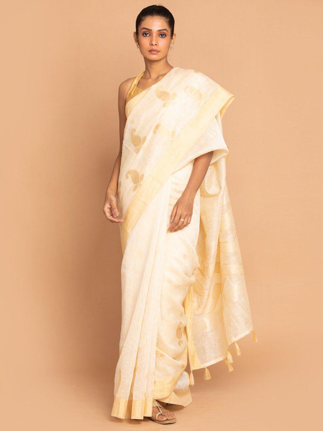 Indethnic Cream-Coloured & Gold-Toned Woven Design Linen Blend Banarasi Saree