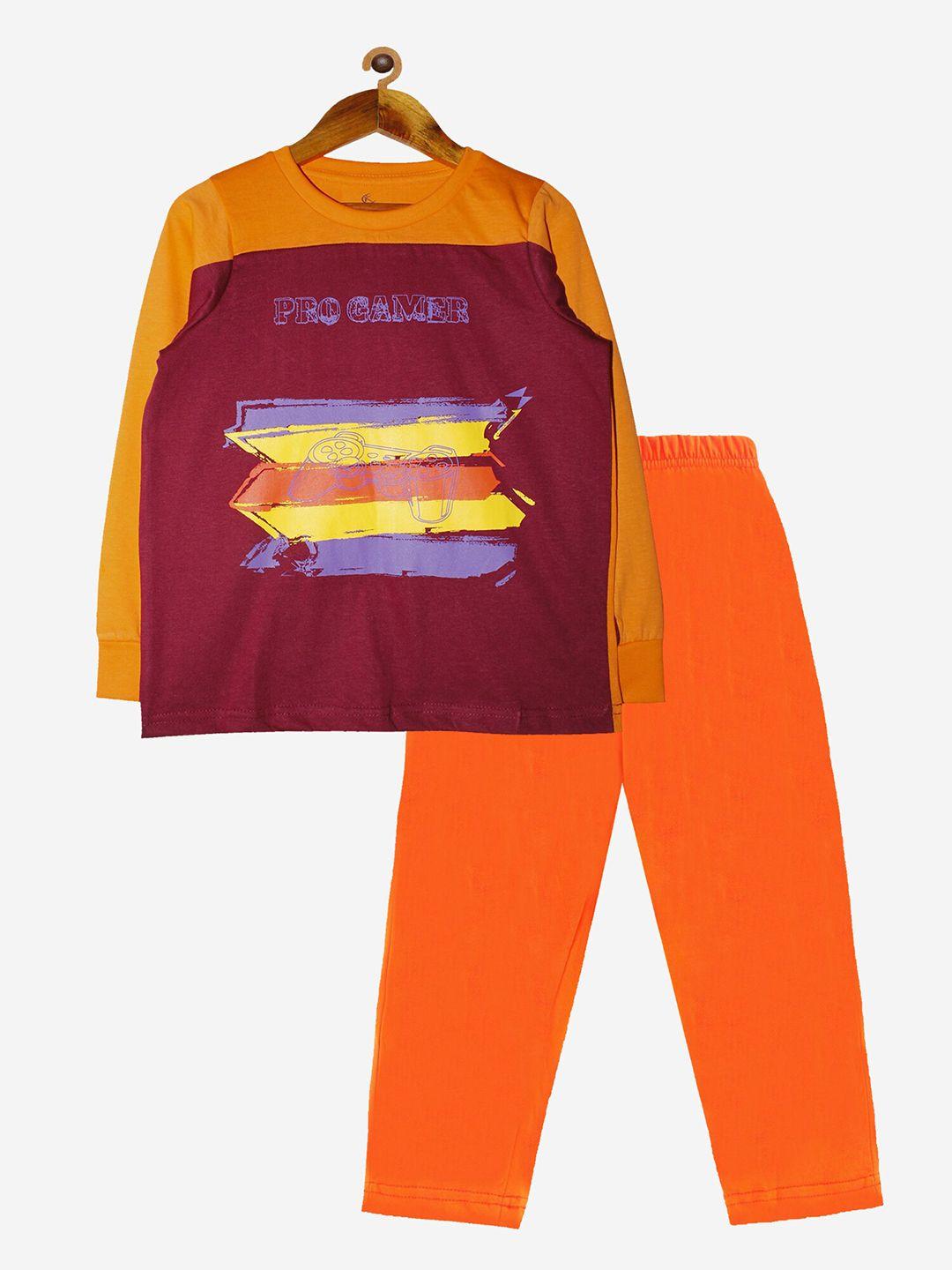 KiddoPanti Boys Brown & Orange Pure Cotton Printed T-shirt with Pyjamas