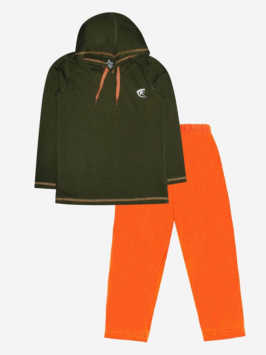 KiddoPanti Boys Green & Orange Pure Cotton Hooded T-shirt with Pyjamas