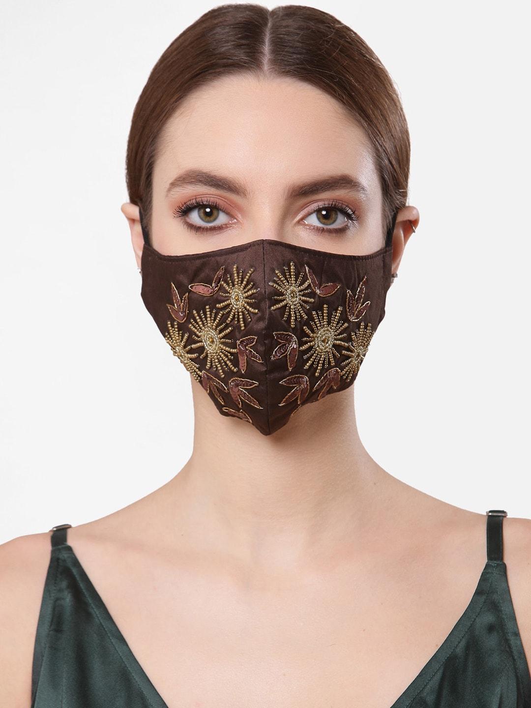 Anekaant Women Coffee Brown & Gold-Coloured Embellished 3-Ply Reusable Outdoor Cloth Mask
