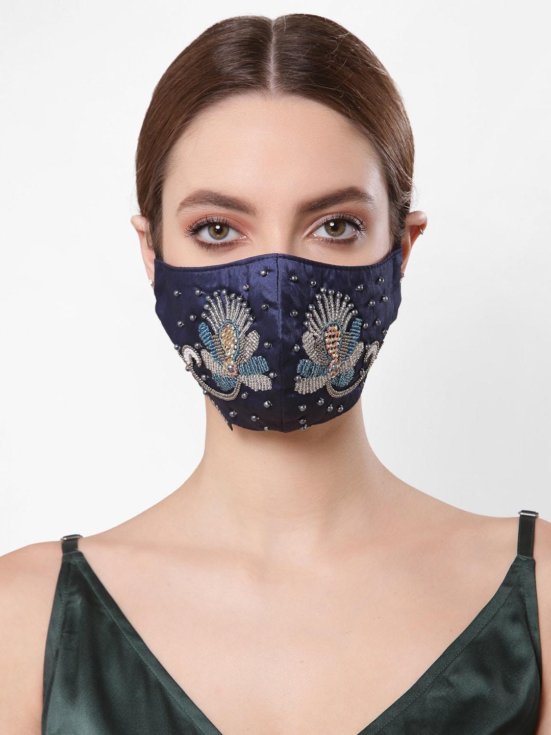 anekaant-women-3-ply-navy-blue-&-silver-faux-silk-embellished-fabric-fashion-mask
