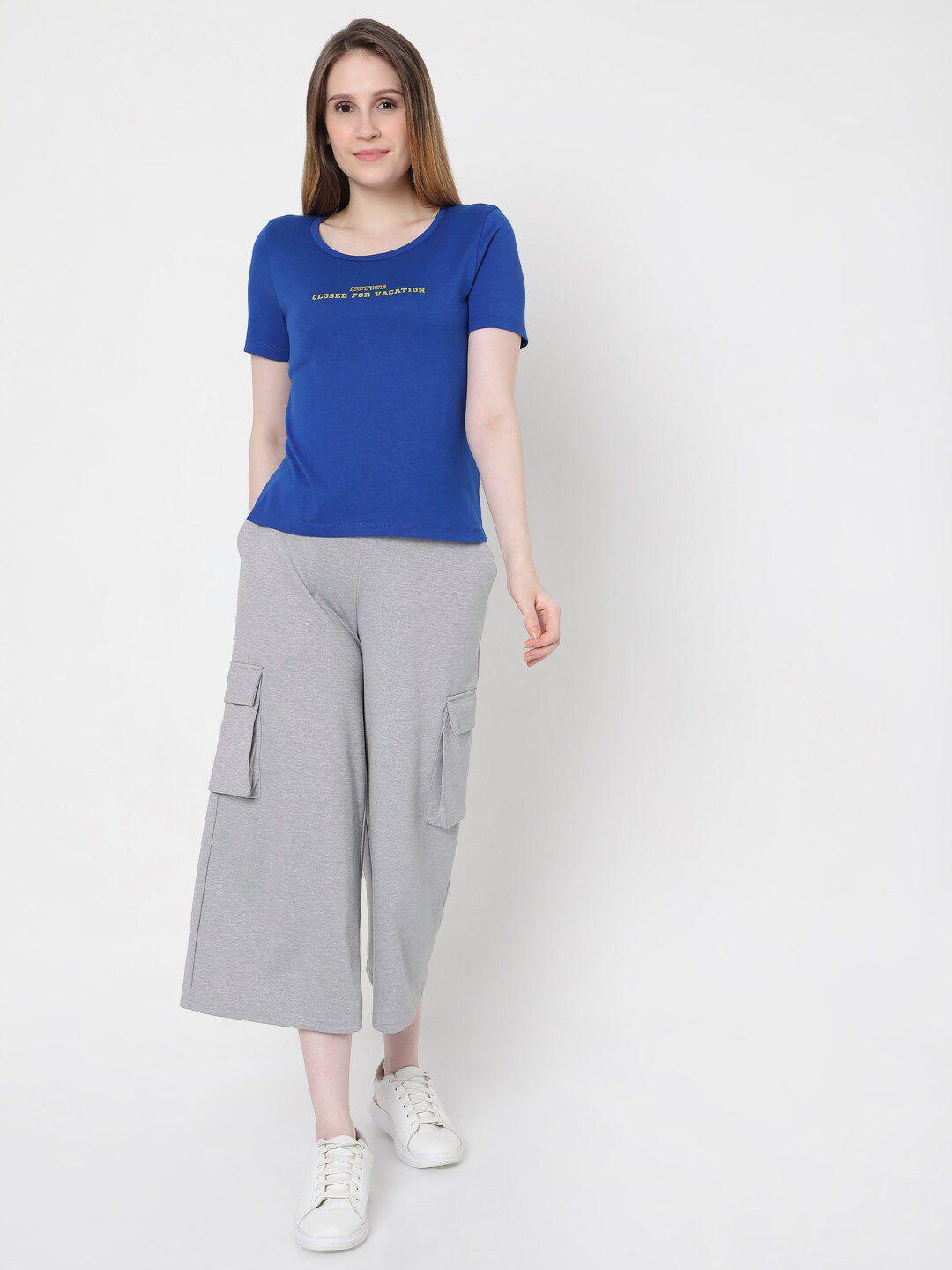 Vero Moda Women Blue Typography Printed Slim Fit T-shirt