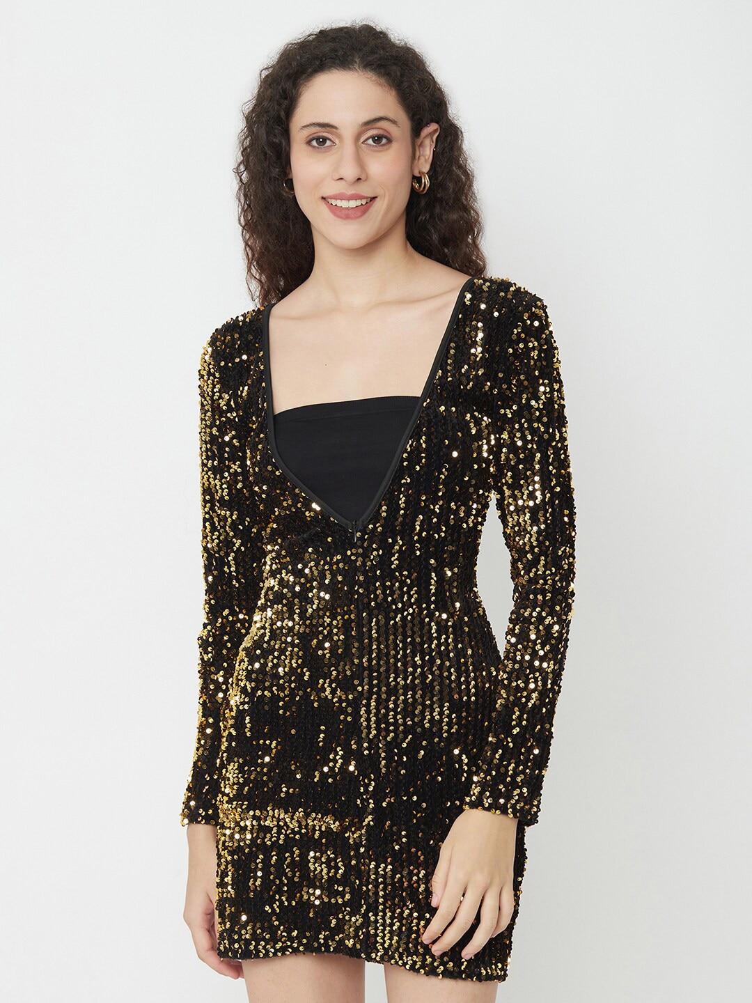 iki chic Gold-Toned & Black Embellished Velvet Bodycon Mini Dress