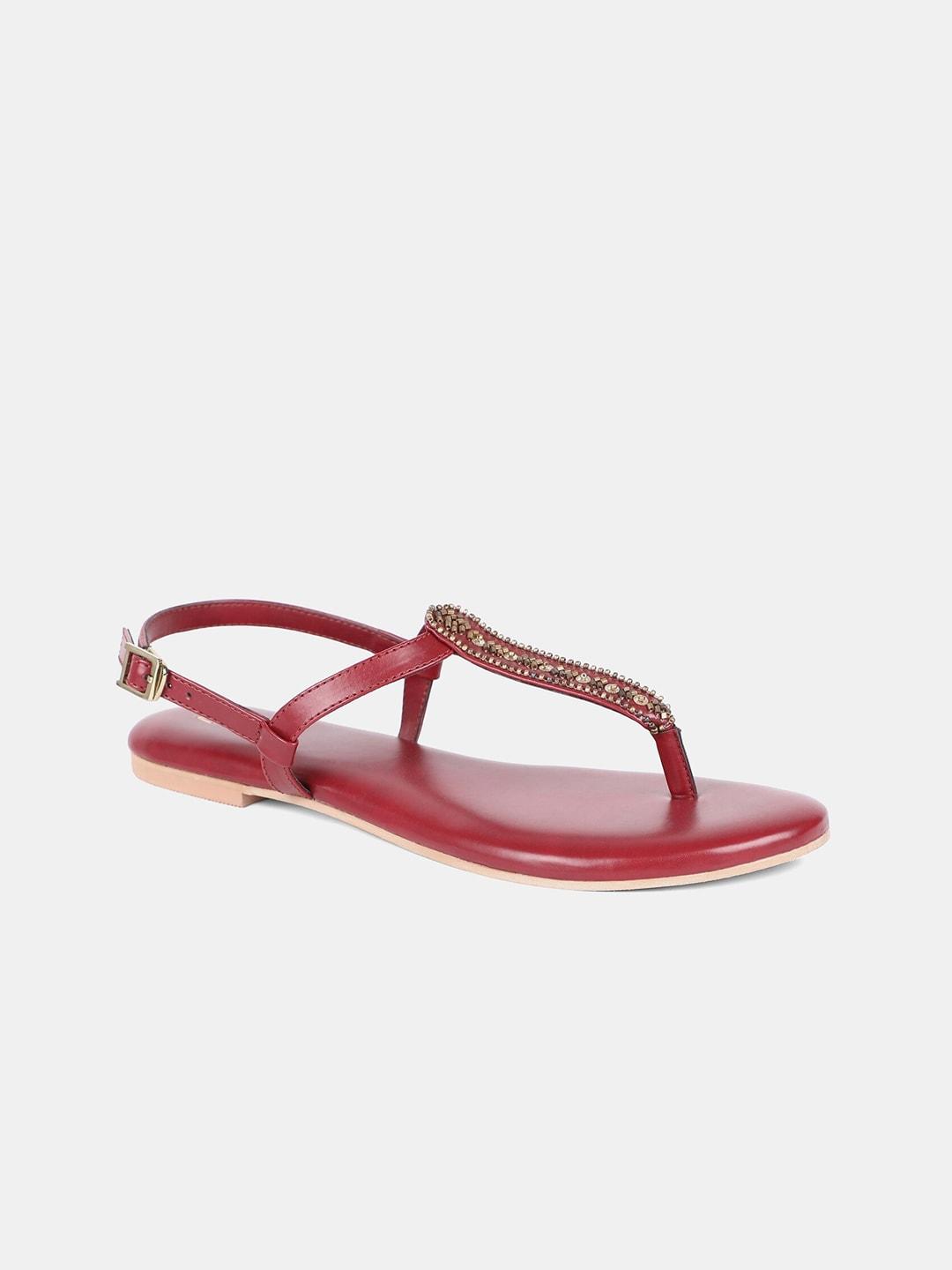 W Women Red Embellished Leather Party T-Strap Flats