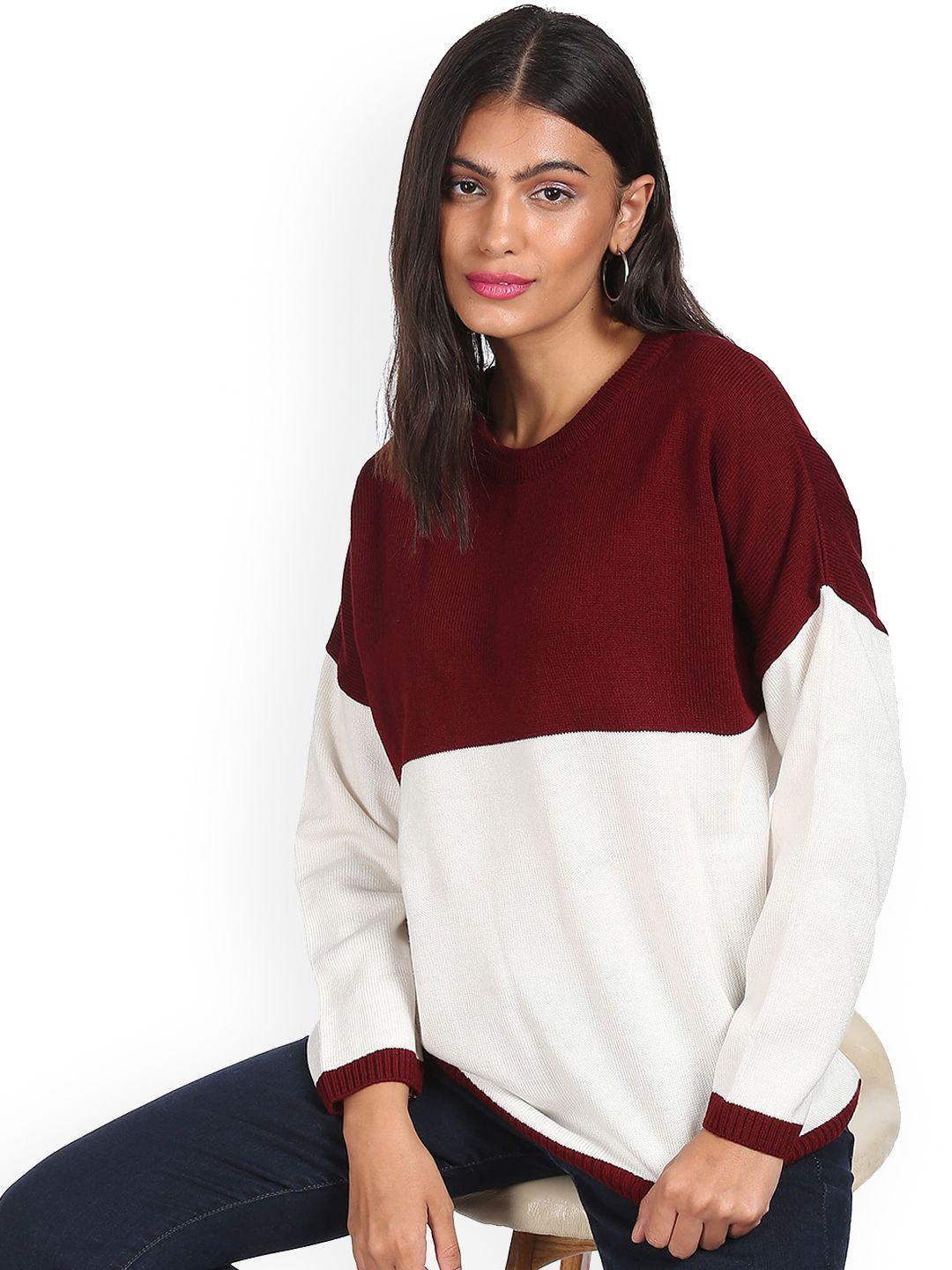 sugr-women-maroon-&-white-colour-blocked-sweater