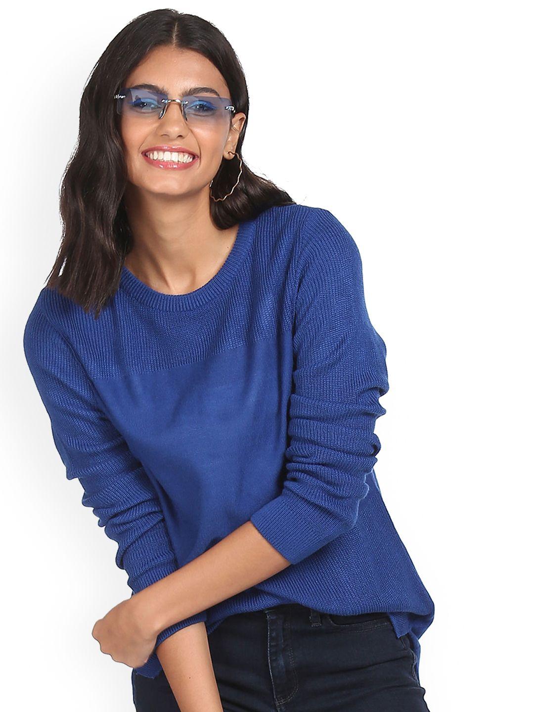 Sugr Women Blue Round Neck Ribbed Sweater