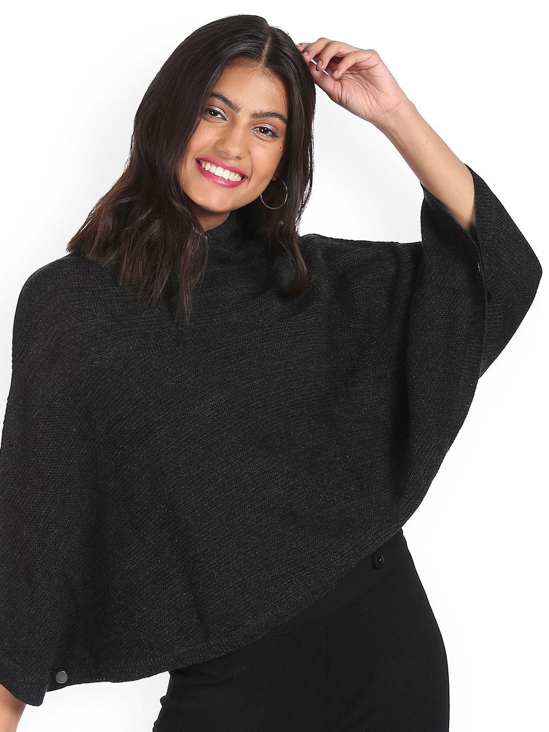 sugr-women-charcoal-hooded-patterned-weave-sweater