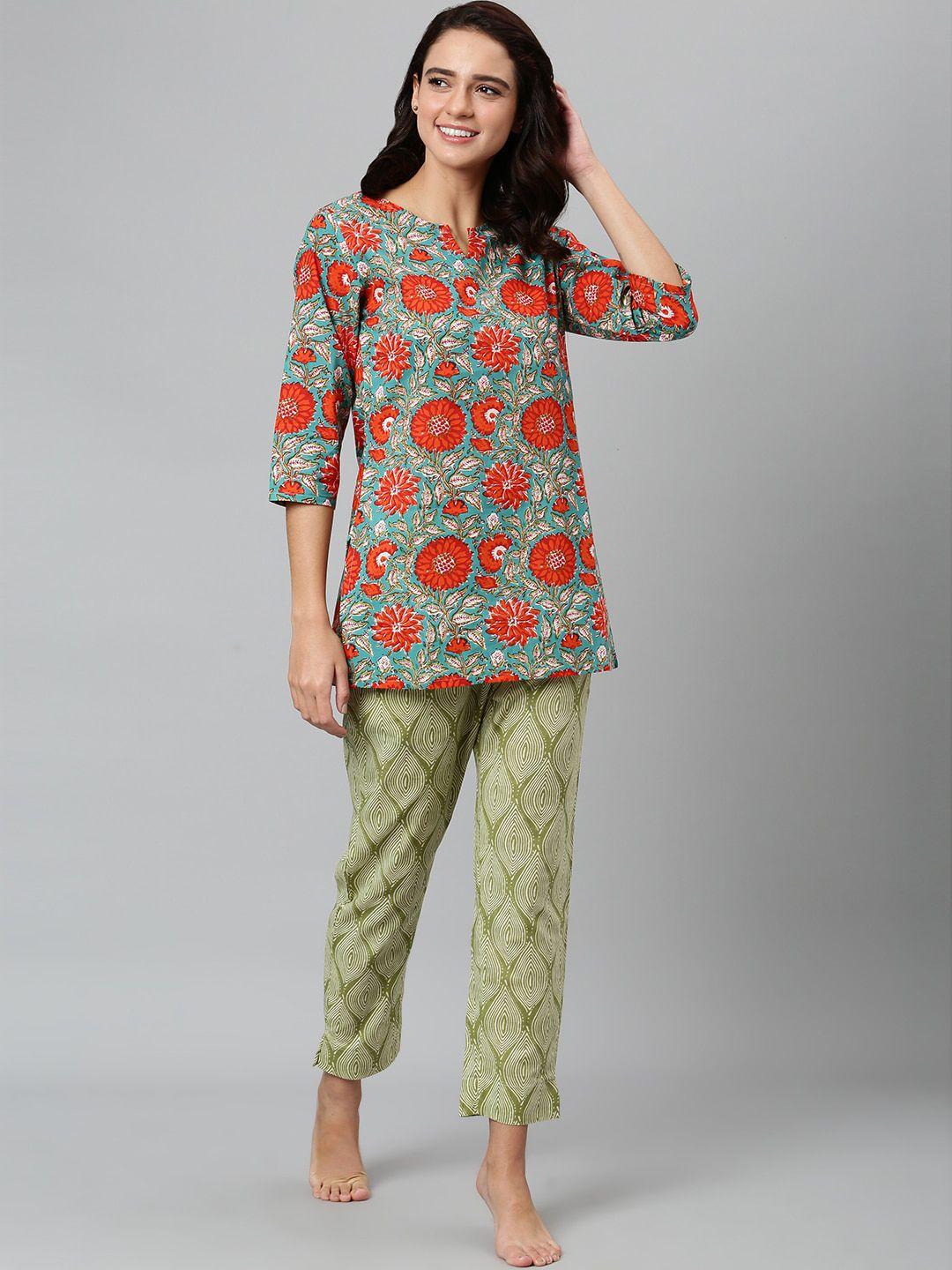 Khushal K Olive Green & Red Printed Pure Cotton Night suit